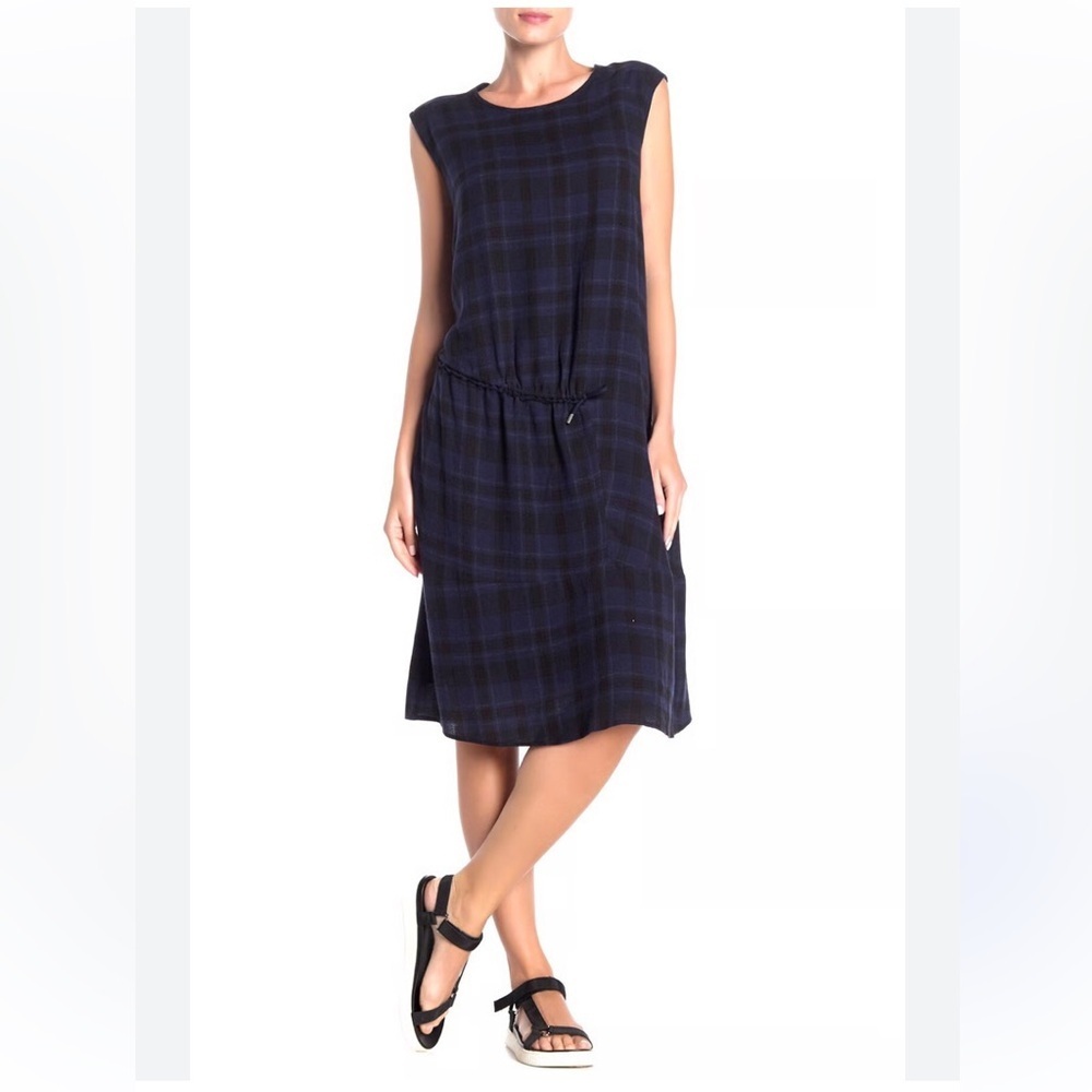 Standard James Perse Wool Plaid A-Line Navy Sleevless Dress